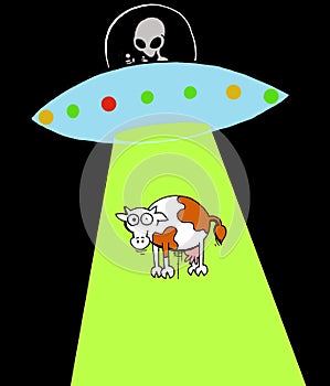 Illustration of a UFO with an extraterrestrial kidnapping a cow