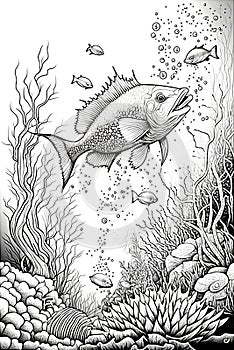 Illustration under the sea for coloring book.
