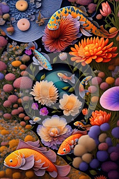 Illustration of Underwater Landscape background of fishes swimming in aquarium with beautiful flowers garden. Generative Ai