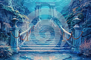 An illustration of an an underwater staircase leading to an archway with a bright light at the end of it