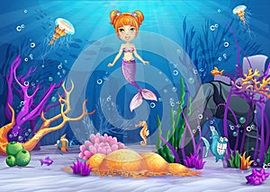 Illustration of the underwater world with a funny fish and a mermaid
