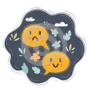 Illustration of unhappy and happy face in speech bubble. Feed back concept on dark. unhappy and happy face in speech