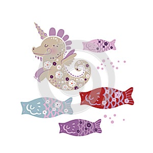 Illustration of unicorn dragon with floral decor and fishes in cartoon style