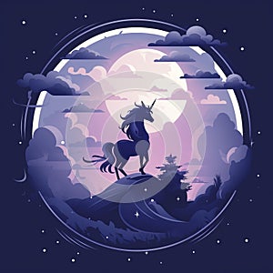 an illustration of a unicorn standing on a hill at night with the moon in the background
