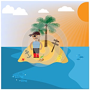 Illustration with uninhabited island and pirate