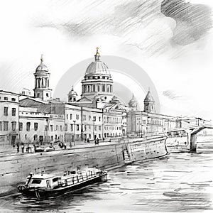 Illustration of an urban coastline with tall buildings and a bridge that crosses a river.