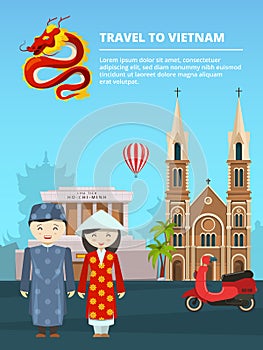 Illustration of urban landscape with Vietnam landmarks and symbols