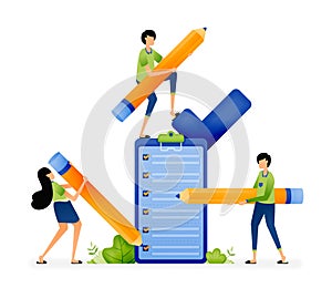 Illustration of users filling out polls, exams or surveys to provide feedback and opinion to service providers. Designed for