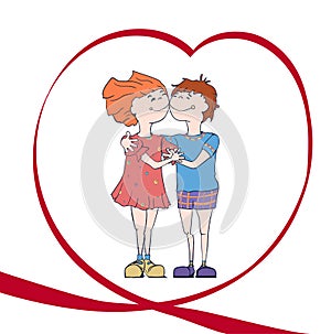 Illustration for Valentine`s day. Boy and girl hugging.