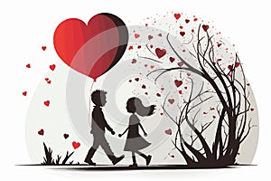 Illustration of Valentine\'s Day celebration greeting card with young loving couple silhouettes.