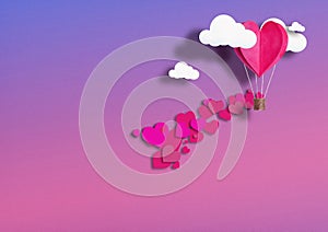 Illustration for Valentine`s Day. Living heart shaped balloons Living Coral fly among the clouds and praise love. concept of love