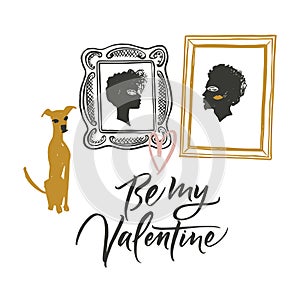 Illustration for Valentine`s day. Portraits of two lovers and waiting dog