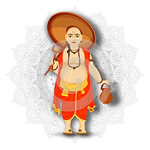 Illustration of Vamana character holding umbrella on mandala pattern. photo