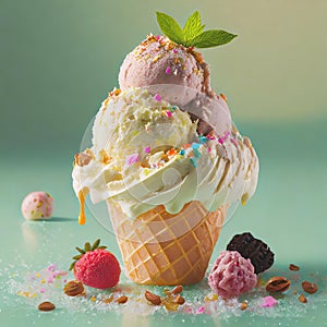 Illustration of vanilla and strawberry ice cream in waffle cup with sprinkles, nuts, fruits and mint leaf. Delicious summer