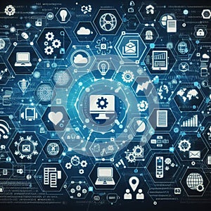 illustration of various code icons and internet connections for web page background photo