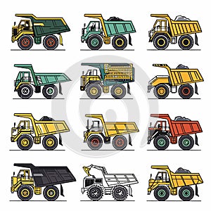 Illustration various dump trucks different colors designs, all large wheels loaded material. Dump