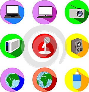 Illustration of various electronic devices arranged in a grid on white background