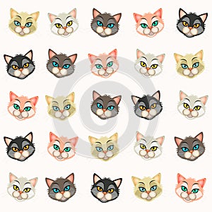 Illustration of various faces of kittens
