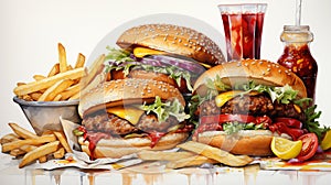 Illustration of various fast foods, top view, hamburger, hot dog, french fries, drinks on a light background