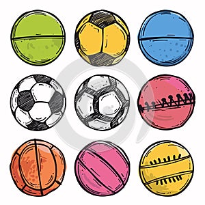 Illustration various sports balls handdrawn different colors. Collection includes basketball