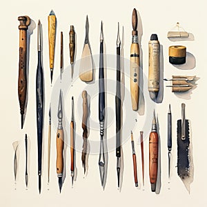 Illustration Of Various Tools In Realistic Brushwork Style