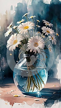 Illustration of vase with water containing white daisies.