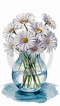 Illustration of vase with water containing white daisies.