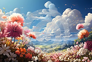 Illustration of a vast flower field Colorful flowers bloomed all over the field. The clear blue sky and mountains surround in the