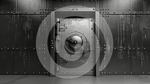 An illustration of a vault safe made of strong, robust metal, with a reliable lock for reliable bank storage. This is a
