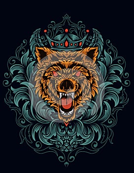 Illustration vector angry wolf head with antique ornament