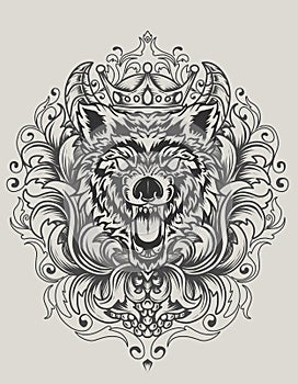 illustration vector angry wolf head with antique ornament