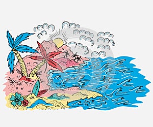 Illustration vector beach with waves in style comic