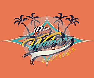 Illustration vector big waves text with palms