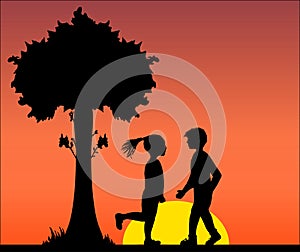 Illustration vector black silhouette of lovers Couple in love of man and woman under the tree, sentimental, flower, date photo