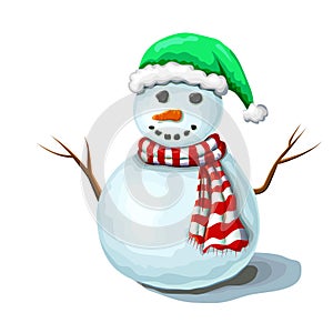 Illustration of vector Christmas snowman isolated on white background. Cute smiling snowman wearing green santa hat and