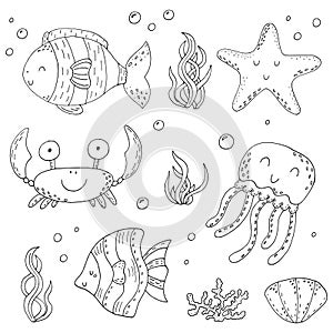 Illustration Vector doodle set of elements of marine life. Underwater World collection. Icons and symbols hand drawing sketch