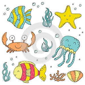 Illustration Vector doodle set of elements of marine life. Underwater World collection. Icons and symbols hand drawing sketch