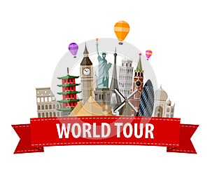 Illustration vector flat design postcard with famous world landmarks icons