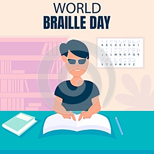 illustration vector graphic of a blind person is learning to read a book with a braille alphabet in the room