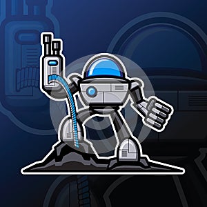 Illustration vector graphic cartoon character of robotic gunner holding machine gun with so many blue ice color bullet.
