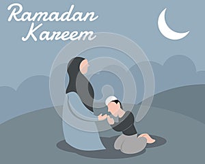 Illustration vector graphic of a child is prostrating and kissing his mother`s hand apologetically at night