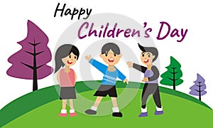 Illustration vector graphic of children play cheerfully in out door showing the garden and tree