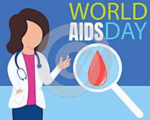 illustration vector graphic of a doctor is explaining about aids, showing a magnifying glass and a drop of blood