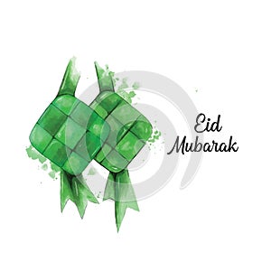 Illustration vector graphic of eid greetings with ketupat rice watercolor texture