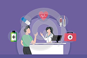 Illustration vector graphic of female doctor giving directions to the patient, showing medical equipment