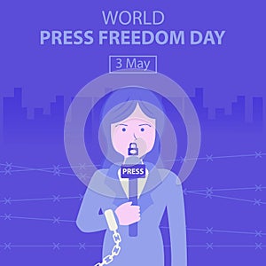 illustration vector graphic of a female reporter is holding a microphone with her hands in handcuffs