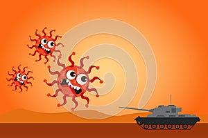 Illustration vector graphic of fight covid-19 corona virus. Army tank fighting with virus concept. flat illustration. Vector Fight