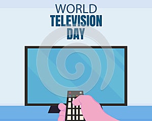 illustration vector graphic of a hand holding a tv remote, showing a flat tv screen