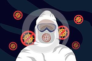 Illustration vector graphic of image man in protective hazmat suit and no virus sign isolated on dark blue background. Vector