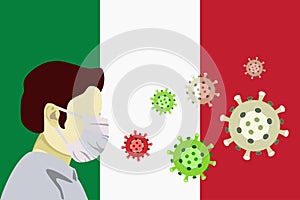 Illustration vector graphic of image man wearing surgical mask to prevent Coronavirus and diseases on Itay flag background. Wuhan